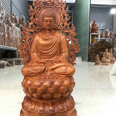 Tượng phật thích ca bằng gỗ hương đá kt cao 50×25×25cm + lá chắn hòa quang 60cm