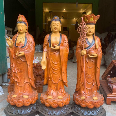 Bộ tượng phật tam thánh bằng gỗ hương đá tô làm mầu giả cổ kt cao 40×12×12cm