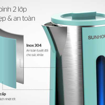 [Hàng Chính Hãng]  Ấm Siêu Tốc Inox 2 Lớp Sunhouse SHD1351 1.8 Lít - Bảo Hành 12 Tháng Toàn Quốc