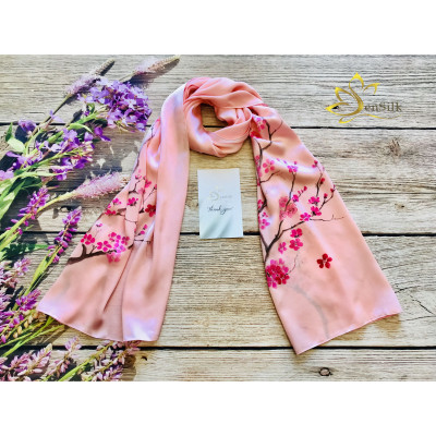 Khăn Lụa Tơ Tằm Vẽ Tay SenSilk Limited Hoa Đào - Quà Tặng May Mắn, 100% Silk made in Vietnam 180x55cm