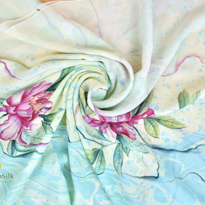 Khăn Lụa Thủy Ấn Vẽ Tay SenSilk Hoa Mẫu Đơn, Khăn Quàng Lụa Tơ Tằm, Khăn Choàng Lụa Cao Cấp