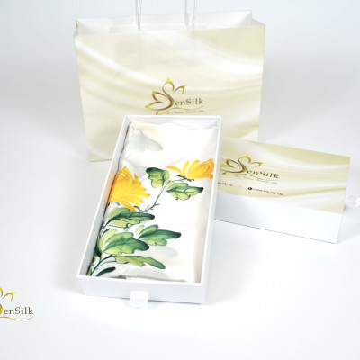 Khăn Lụa Tơ Tằm Vẽ Hoa Cúc Vàng SenSilk - Art of Silk Quà Tặng Mẹ - Hand Painted Silk Scarf - High Quality Pure Silk