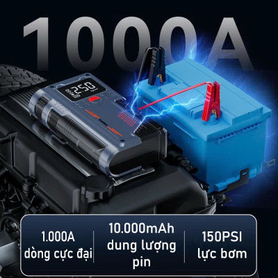 Bộ Kích Bình Ắc Quy 12V 1000A Kiêm Bơm Lốp Xe 150Psi 10000 mAh Dùng Cho Xe 4C Đến 7C