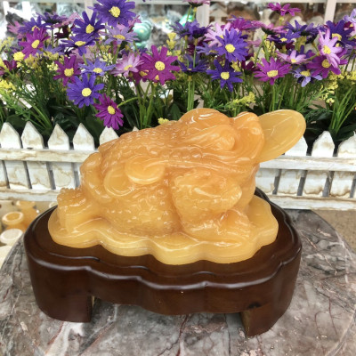 Tượng Cóc Ba Chân, Cóc Ngậm Tiền, Thiềm Thừ phong thủy chiêu tài lộc đá ngọc hoàng long - Dài 22 cm