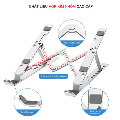 Giá Đỡ Laptop Hợp Kim Nhôm Cao Cấp Có Thể Gấp Gọn - Đế Tản Nhiệt Laptop - Macbook, Máy Tính Xách Tay - 07 Vị Trí Điều Chỉnh Góc Độ - Hàng Chính Hãng - VinBuy