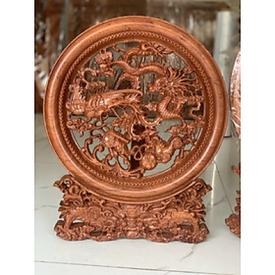 Đĩa tranh trí phong thủy trạm khắc long ly quy phượng bằng gỗ hương đá kt mặt rộng 35×4cm