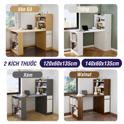 Bàn Học, Bàn Làm Việc Kết Hợp Kệ Sách FD04 FIVO, Gỗ Chống Ẩm Cao Cấp, Lắp Ráp Đơn Giản, Thiết Kế 3 Trong 1.