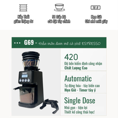 Máy Xay Cà Phê G69 Xay Hạt Cafe Pha Espresso,51 Cấp Độ Xay Mịn, Tự Động Auto, Hàng Chính Hãng