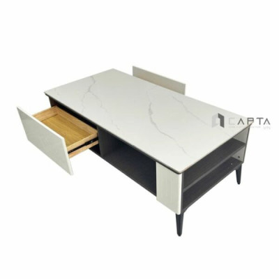 Bàn trà có hộc tủ mặt đá TS1005-12E Nội thất Capta Bàn trà phòng khách đá ceramic trắng vân mây nhám khung bàn MDF chân bàn sắt sơn tĩnh điện màu đen hcm
