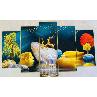 (ẢNH THẬT) Tranh treo tường hươu vàng trên đá cuội bộ 5 tấm bo viền kèm đinh treo