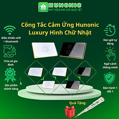 Công Tắc Cảm Ứng Hunonic Luxury Hình Chữ Nhật Viền Vàng, Công Tắc Thông Minh Wifi Điều Khiển Từ Xa Bằng Điện Thoại