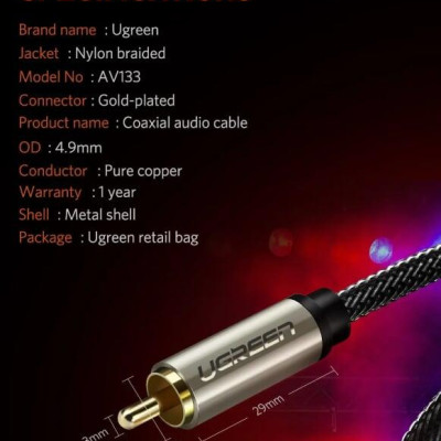 Ugreen UG20744AV133TK 15M màu Xám Cáp âm thanh bông sen Coaxial cao cấp - HÀNG CHÍNH HÃNG