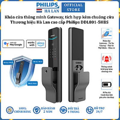Bộ khóa cửa thông minh Gateway điều khiển từ xa, vân tay, thẻ từ, mật khẩu và chìa cơ, tích hợp kèm chuông cửa Philips DDL801-5HBS - Hàng chính hãng