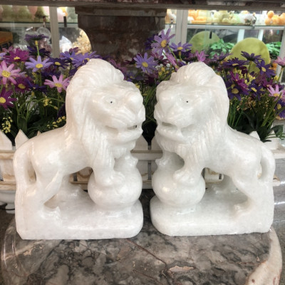 Cặp Sư Tử phong thủy đá cẩm thạch trắng - Cao 20 cm
