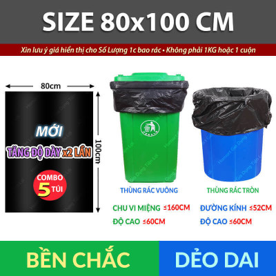 COMBO 5 Túi Đựng Rác Size Đại Ko Quai HDPE Lớn Siêu Chắc Bao Đựng Rác Nylon To Màu Đen Tiện Lợi