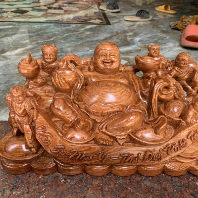 Tượng phật di lặc ngũ phúc bằng gỗ hương đá liền khối kt ngang mặt 50cm