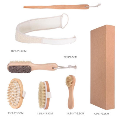 Bộ 5 Bàn Chải Tắm Cán Gỗ Tự Nhiên Làm Sạch Da Khô, Da Ướt Tiện Dụng, Gậy Tắm Massage Cơ Thể Body Cực Sạch BILA1116