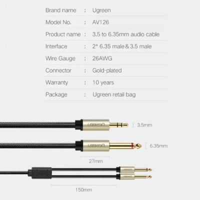 Ugreen UG40792AV126TK 2M Màu Đen Cáp âm thanh 2 đầu 6.5mm dương sang 3.5mm dương cao cấp - HÀNG CHÍNH HÃNG
