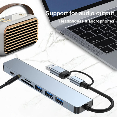 Bộ Chuyển Đổi Hub USB C Hub 8 Trong 1 Type C 3.1 Sang USB 3.0/ Type C/ Đọc Thẻ SD / TF Cho MacBook Notebook Laptop Máy Tính-Hàng Chính Hãng
