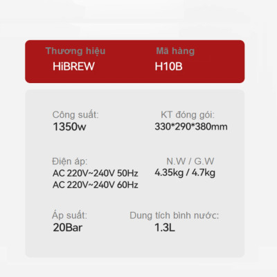 Máy Pha Cà Phê Espresso HiBREW H10B Bán Tự Động Thương Hiệu Mỹ Pha Cappuccino, Lattem 1350W, 20 bar - Bảo Hành 12 Tháng, Hàng Chính Hãng