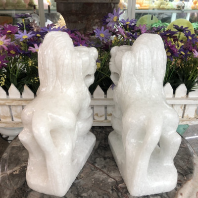 Cặp Sư Tử phong thủy đá cẩm thạch trắng - Cao 20 cm