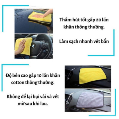 Khăn lau xe hơi ô tô cao cấp microfiber 3 kích thước dày mịn không để lại bụi vải, không để lại vệt nước, khăn lau chùi nhà cửa siêu sạch siêu thấm hút không đổ lông, rụng lông