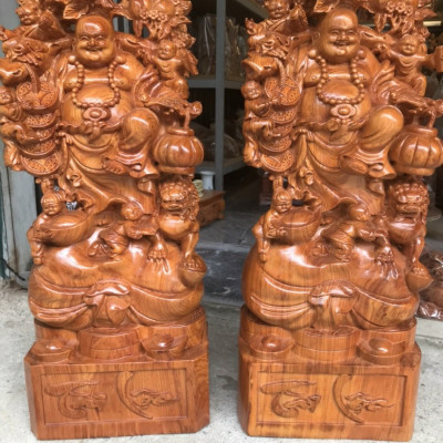 Tượng phật di lặc ngũ phúc bằng gỗ hương đá kt cao 80cm
