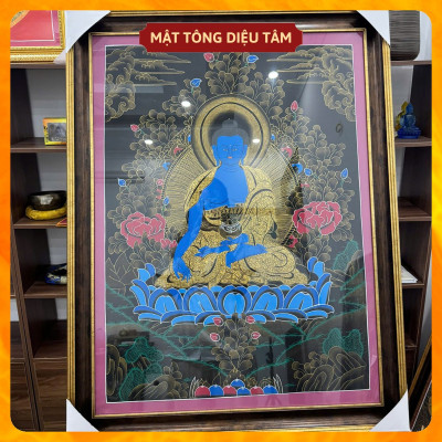 Tranh Thangka Dược sư Thủ Công Nepal Tranh Phật Dược Sư Xanh Dương handmade 92cm Biểu Tượng Chữa Lành Mật tông Diệu Tâm