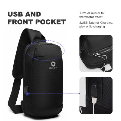 Túi đeo chéo trước ngực OZUKO chống thấm nước có cổng sạc USB thời trang dành cho nam
