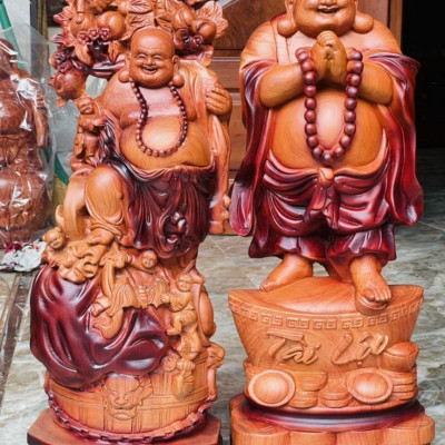 Combo cặp tượng phật di lặc bằng gỗ hương đá tô làm mầu giả cổ đẹp long lanh kt cao 60×24×14cm