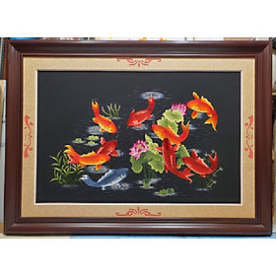 Tranh thêu tay - Cửu ngư quần tụ ( Hoa sen 9 cá chép) KT 105*145cm