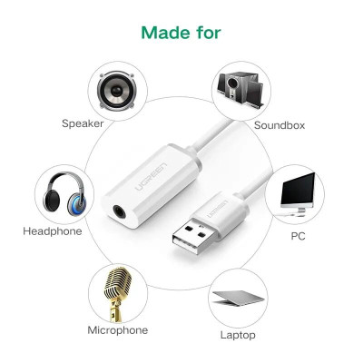 Ugreen UG30712US206TK 15CM màu Trắng Bộ chuyển USB 2.0 sang âm thanh 3.5mm - HÀNG CHÍNH HÃNG