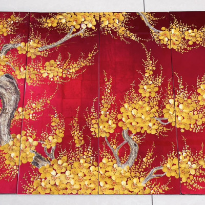 Bộ Tranh 4 tấm sơn mài HOA ĐÀO/ MAI cẩn trứng thích hợp trang trí nhà cửa, văn phòng, làm quà tặng,,....