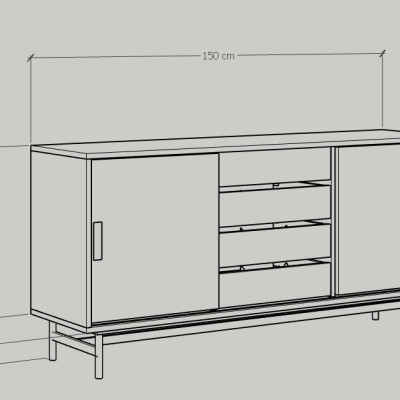 [Happy Home Furniture] LUCA, Tủ lưu trữ 4 ngăn cánh lùa - Chân sắt, 150cm x 36cm x 70cm ( DxRxC), TCL_022