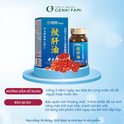 Viên Uống Dầu Gan Cá Mập Omega 3 DHA EPA Hỗ Trợ Bổ Mắt, Bổ Não, Tốt Cho Tim Mạch Genki Fami Nhật Bản Hộp 90 Viên