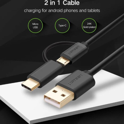 Ugreen UG30177US142TK 1.5M màu đen Cáp USB-A 2.0 sang Micro USB + USB-C - HÀNG CHÍNH HÃNG