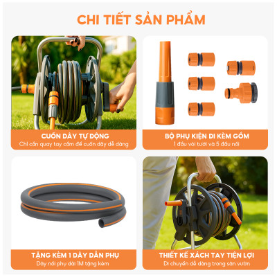 Bộ vòi nước tưới cây rửa xe đa năng Lebenlang LBLB3364 dây dài 15m, 1 đầu tưới, dây cuốn trợ năng - hàng chính hãng