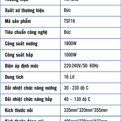 Nồi Chiên Hơi Nước TAPUHO TSF16 Dung Tích 16L 60 Chương Trình Nấu Công suất 1000W - 1800W Bảo Hành 24 Tháng- Hàng Chính Hãng