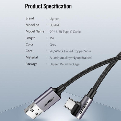 Ugreen UG50941US284TK 1M Dây USB Type-A sang USBType-C vuông góc - HÀNG CHÍNH HÃNG