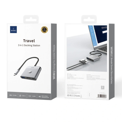 Hub chuyển đổi chia cổng Type-C 3in1 HDMI 4K@60Hz + PD 100W Type-C + USB 3.0 hiệu WIWU Travel Docking cho Macbook Laptop cho iPhone - Hợp kim nhôm, nhỏ gọn, bền bỉ, đa năng để vừa sạc vừa xuất màn hình và truyền dữ liệu nhanh chóng - Hàng nhập khẩu