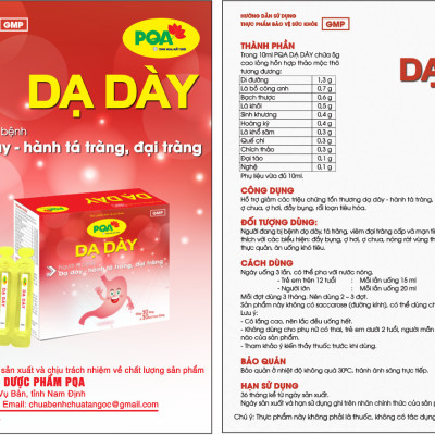 PQA Dạ Dày dạng ống là dược phẩm thảo dược dùng cho người đang bị bệnh dạ dày, tá tràng, viêm đại tràng cấp và mãn tính hỗ trợ hạn chế các triệu chứng tổn thương dạ dày – hành tá tràng, đại tràng