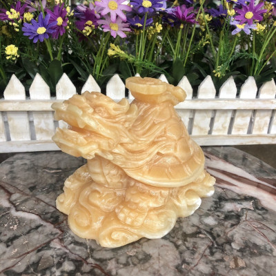 Tượng Long Quy ( Rùa đầu Rồng ) cõng gậy như ý phong thủy đá ngọc hoàng long - Dài 15 cm