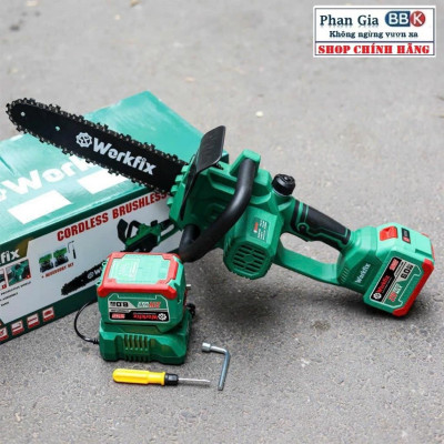Máy cưa xích pin WORKFIX 21V (WF-CS12BL) 2 Pin 15cell, Động cơ Không chổi than,Cưa Cây, Cắt Cành, Tra Dầu Tự Động