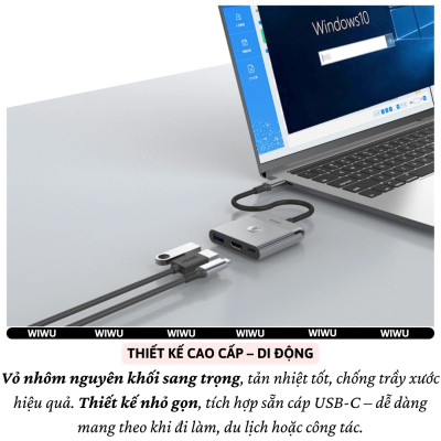Hub chuyển đổi chia cổng Type-C 3in1 HDMI 4K@60Hz + PD 100W Type-C + USB 3.0 hiệu WIWU Travel Docking cho Macbook Laptop cho iPhone - Hợp kim nhôm, nhỏ gọn, bền bỉ, đa năng để vừa sạc vừa xuất màn hình và truyền dữ liệu nhanh chóng - Hàng nhập khẩu