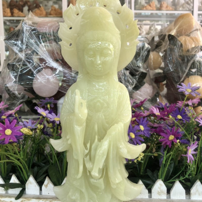 Tượng Phật Bà Quan Thế Âm Bồ Tát tỏa hào quang đứng đài sen đá ngọc Onyx - Cao 35 cm