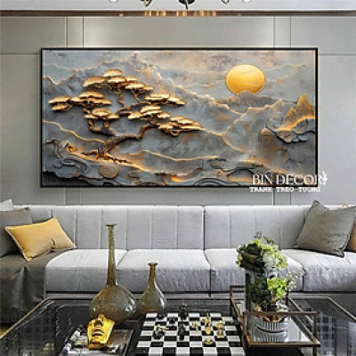 Tranh treo tường tráng gương trang trí phòng khách, phòng làm việc phong thuỷ cành đào hồng giữa núi rừng