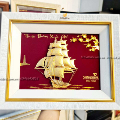 Tranh thuyền buồm hoa mai dát vàng(27x34cm) MT Gold Art- Hàng chính hãng, trang trí nhà cửa, quà tặng sếp, đối tác, khách hàng.