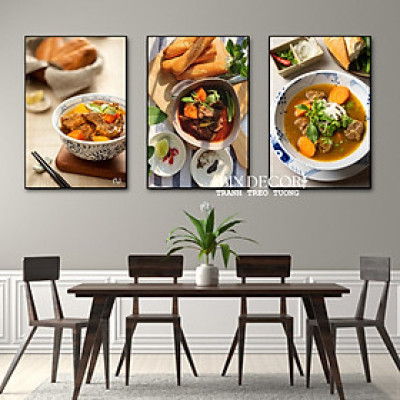 (ẢNH THẬT) Tranh treo tường bánh mì bò kho 1 trang trí decor quán bộ 3 tấm sẵn khung kèm đinh