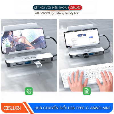 Hub Chuyển Đổi USB Type C ASWEI 6 in 1 - HDMI, USB 3.0, SD, TF, PD 100W Tốc Độ Cao - Hàng Chính Hãng