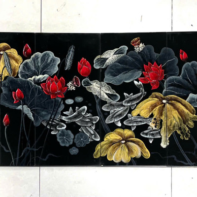 Bộ Tranh sơn mài Thanh Bình Lê 4 tấm- Hoa Sen  đắp nổi 3D size 60x120 cm hàng xuất khẩu